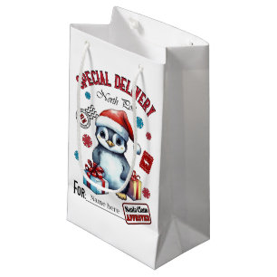 Festive Christmas add name penguin Small Gift Bag
