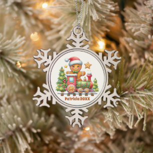 Festive Christmas add name year gingerbread train Snowflake Pewter Christmas Ornament