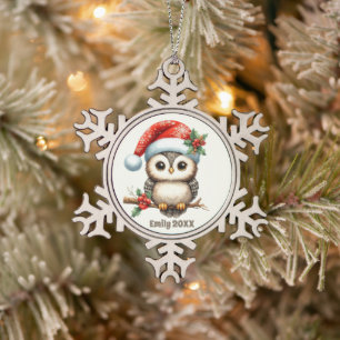 Festive Christmas add name year owl Snowflake Pewter Christmas Ornament