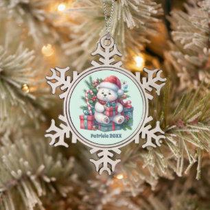 Festive Christmas add name year polar bear Snowflake Pewter Christmas Ornament