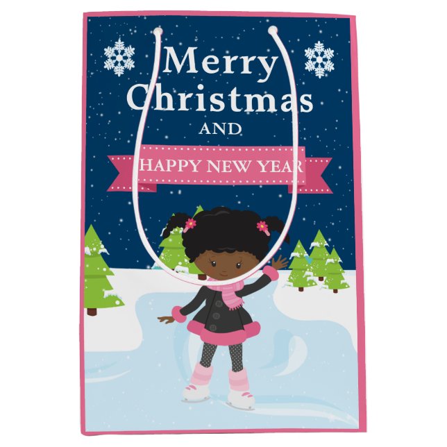 Festive Christmas African American Girl Medium Gift Bag (Front)
