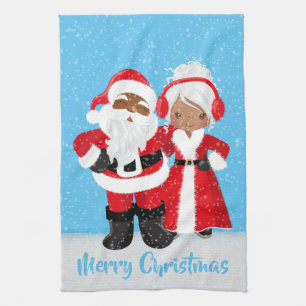 Festive Christmas African American Santa add name Tea Towel