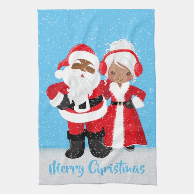 Festive Christmas African American Santa add name Tea Towel (Vertical)