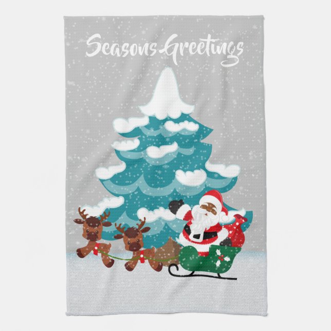 Festive Christmas African American Santa Tea Towel (Vertical)