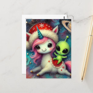 Festive Christmas Alien and Unicorn Postcard