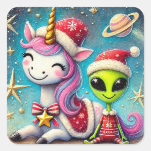 Festive Christmas Alien and Unicorn Square Sticker