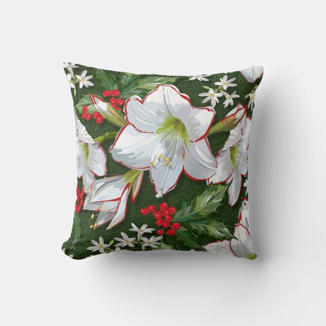 Festive Christmas Amaryllis + Holly Pattern Cushion (Front)