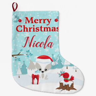 Festive Christmas Arctic Fox & Winter Scene Large Christmas Stocking