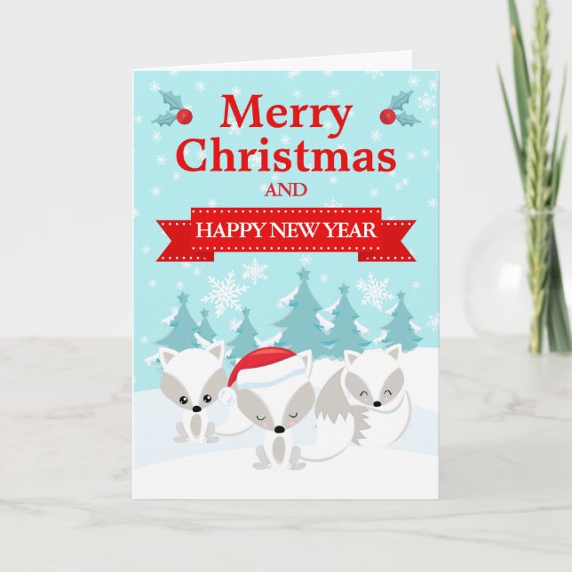 Festive Christmas Arctic Foxes & Winter Scene Holiday Card (Front)