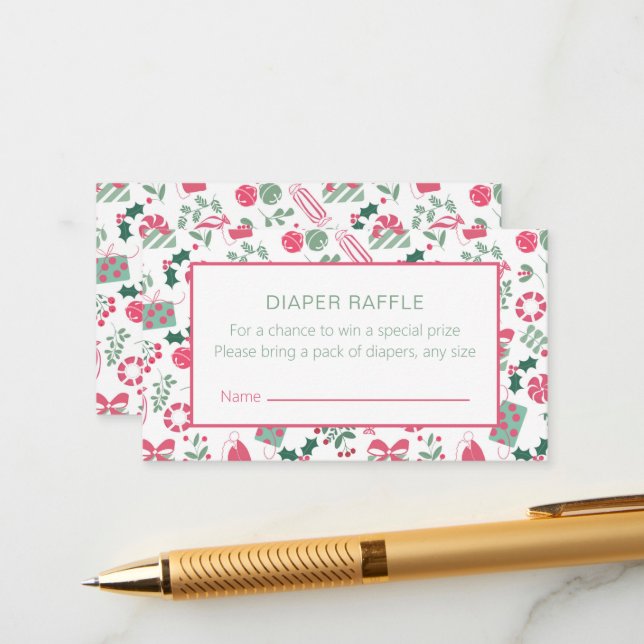 Festive Christmas Baby Shower Diaper Raffle Enclosure Card (Front/Back In Situ)