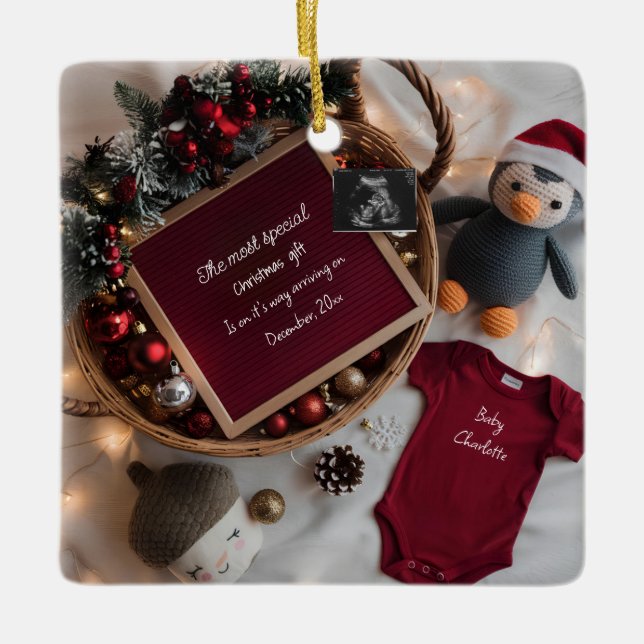 Festive Christmas basket pregnancy announcement  Ceramic Ornament (Front)