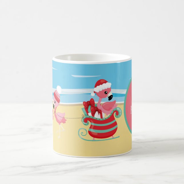 festive Christmas beach pink flamingo Santa Coffee Mug (Center)