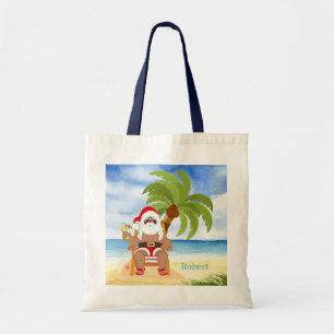 festive Christmas beach Santa add name kids unisex Tote Bag