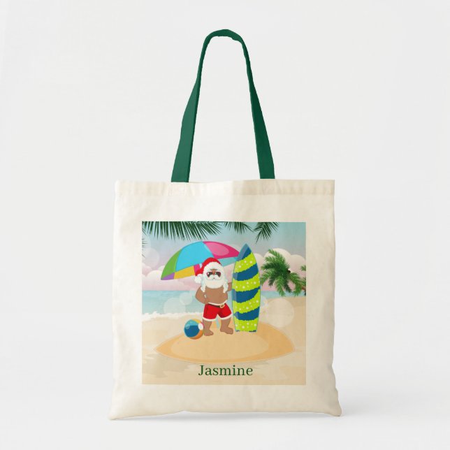 festive Christmas beach Santa add name kids unisex Tote Bag (Front)