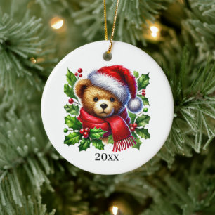 Festive Christmas bear add date & message Ceramic Tree Decoration