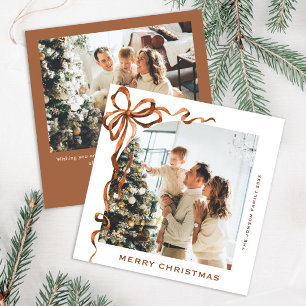 Festive Christmas Beige Boho Bow Ribbon 2 Photo Holiday Card