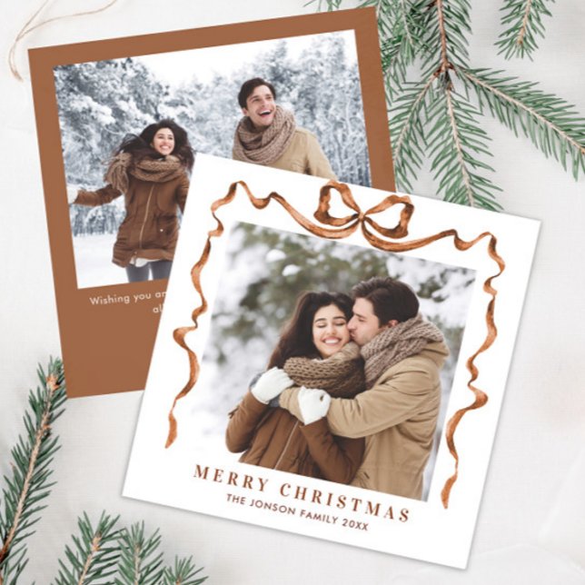 Festive Christmas Beige Boho Bow Ribbon 2 Photo Holiday Card (Creator Uploaded)