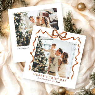 Festive Christmas Beige Boho Bow Ribbon 2 Photo Holiday Card