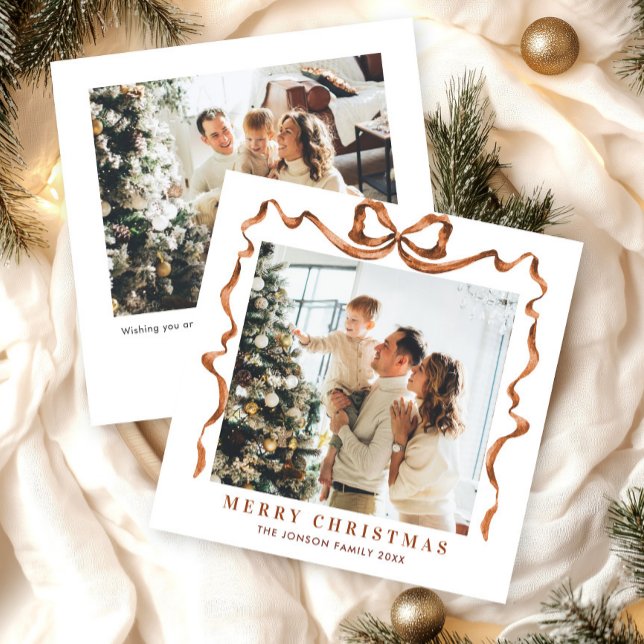 Festive Christmas Beige Boho Bow Ribbon 2 Photo Holiday Card (Creator Uploaded)