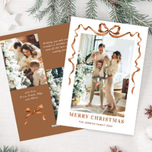 Festive Christmas Beige Boho Bow Ribbon 3 Photo Holiday Card