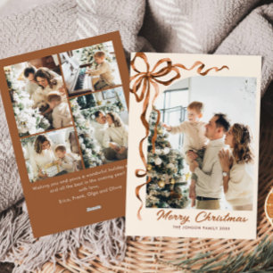 Festive Christmas Beige Boho Bow Ribbon 5 Photo Holiday Card