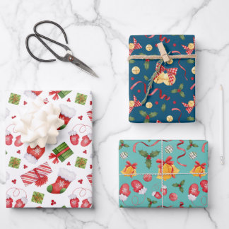 Festive Christmas Bells and Ribbons Watercolor Wrapping Paper Sheet