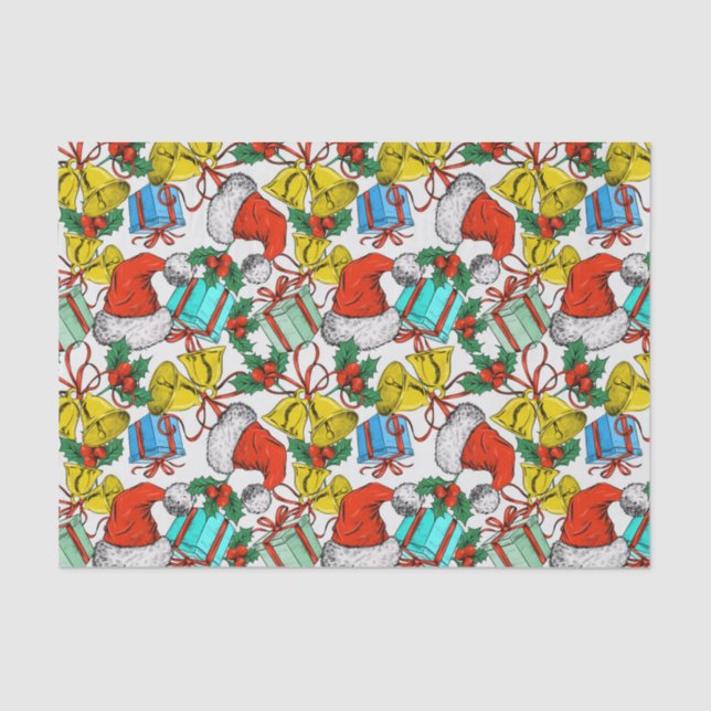 Festive Christmas Bells Hats and Gifts Tissue Paper (Front)