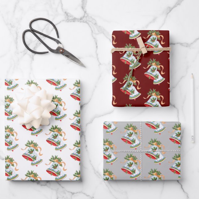 Festive Christmas Bells Wrapping Paper Sheet (Front)
