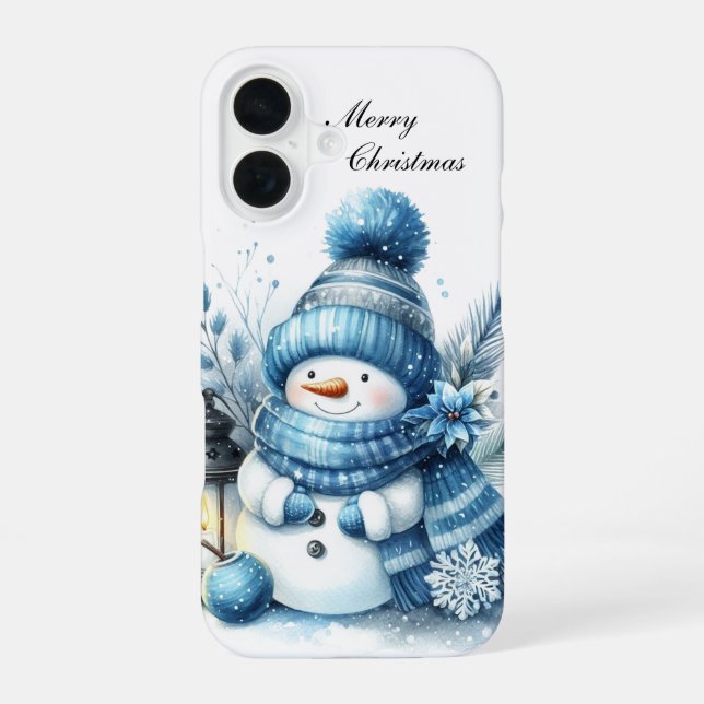Festive Christmas blue snowman customisable  iPhone 16 Case (Back)