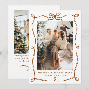 Festive Christmas Boho Beige Bow Ribbon 2 Photo Holiday Card