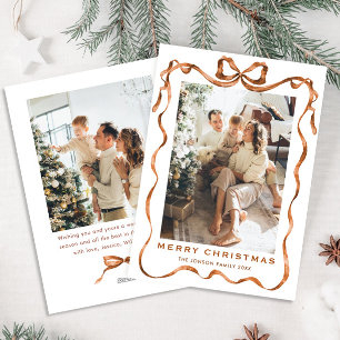 Festive Christmas Boho Beige Bow Ribbon 2 Photo Holiday Card