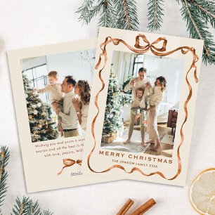 Festive Christmas Boho Beige Bow Ribbon 2 Photo Holiday Card