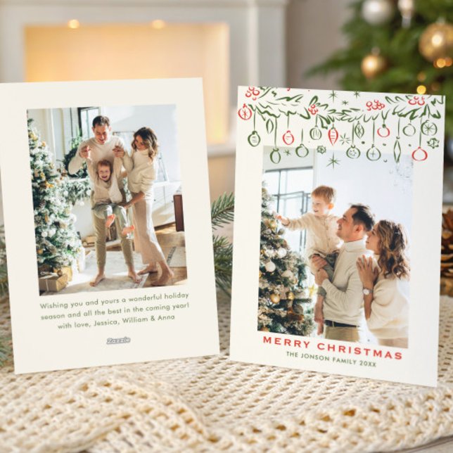 Festive Christmas Boho Beige Bow Ribbon 2 Photo Holiday Card (Creator Uploaded)