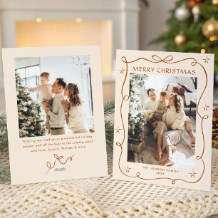 Festive Christmas Boho Beige Bow Ribbon 2 Photo Holiday Card