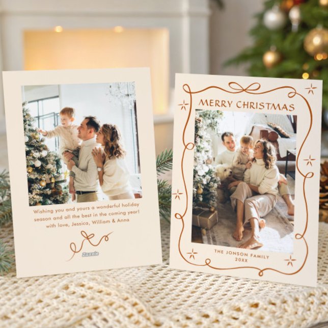 Festive Christmas Boho Beige Bow Ribbon 2 Photo Holiday Card (Creator Uploaded)