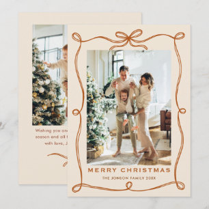 Festive Christmas Boho Beige Bow Ribbon 2 Photo Holiday Card