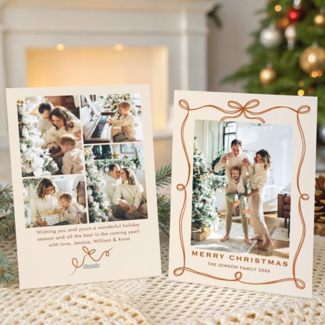 Festive Christmas Boho Beige Bow Ribbon 5 Photo Holiday Card (Creator Uploaded)