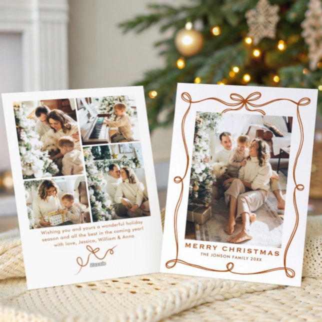 Festive Christmas Boho Beige Bow Ribbon 5 Photo Holiday Card (Creator Uploaded)
