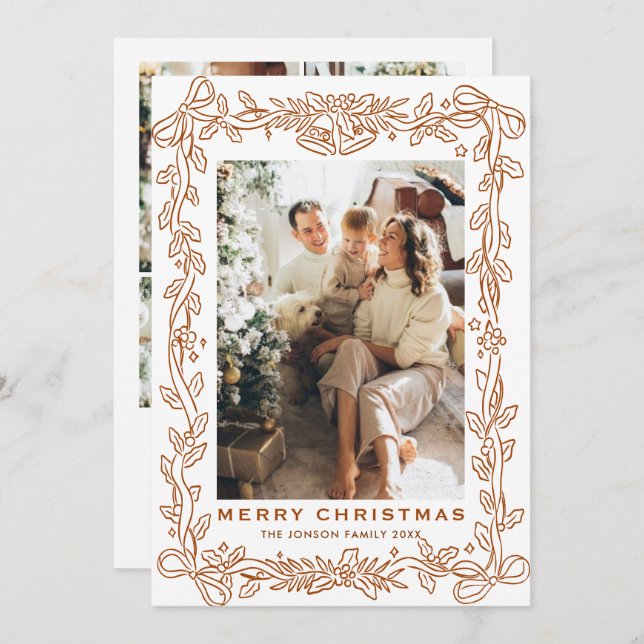 Festive Christmas Boho Beige Bow Ribbon 5 Photo Holiday Card (Front/Back)