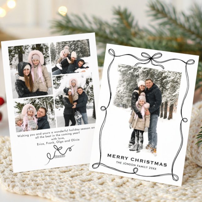 Festive Christmas Boho Black Bow Ribbon 5 Photo Holiday Card (Creator Uploaded)