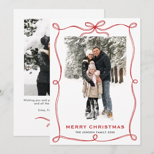 Festive Christmas Boho Red Bow Ribbon 2 Photo Holiday Card (Front/Back)