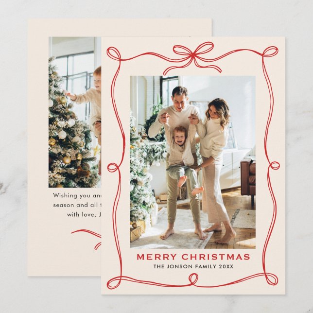 Festive Christmas Boho Red Bow Ribbon 2 Photo Holiday Card (Front/Back)