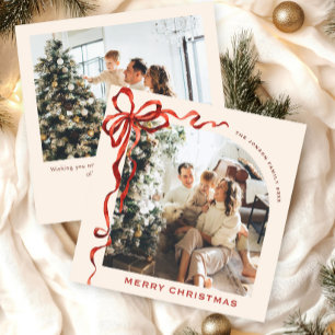Festive Christmas Boho Red Bow Ribbon 2 Photo Holiday Card