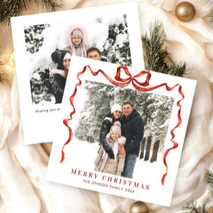Festive Christmas Boho Red Bow Ribbon 2 Photo Holiday Card