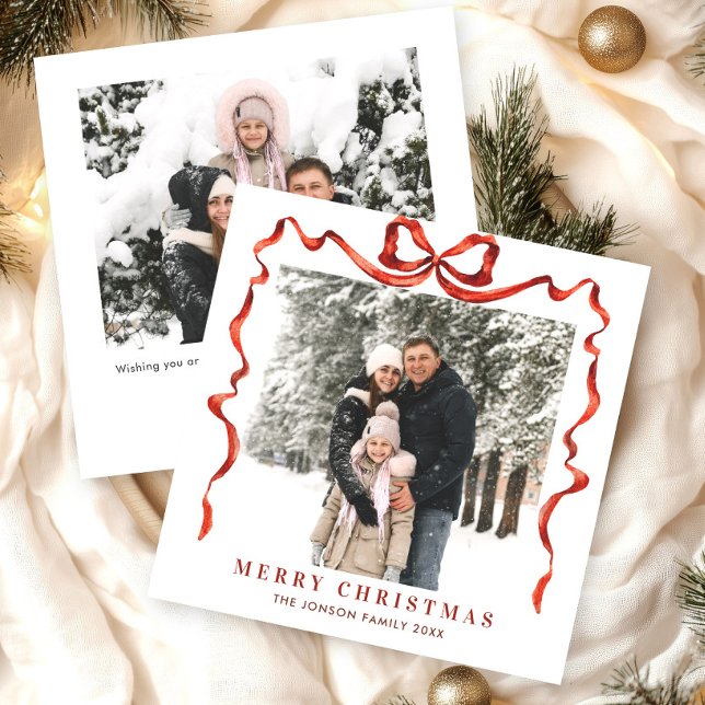 Festive Christmas Boho Red Bow Ribbon 2 Photo Holiday Card (Creator Uploaded)