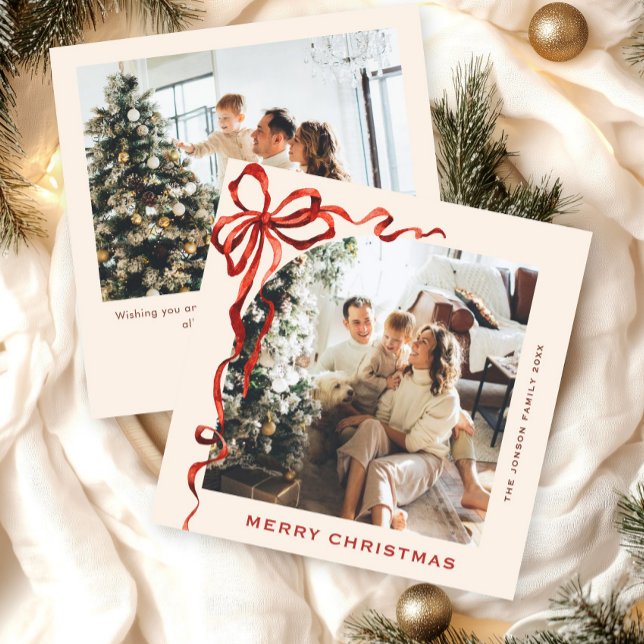 Festive Christmas Boho Red Bow Ribbon 2 Photo Holiday Card (Creator Uploaded)