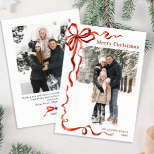 Festive Christmas Boho Red Bow Ribbon 2 Photo Holiday Card