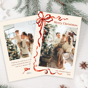 Festive Christmas Boho Red Bow Ribbon 2 Photo Holiday Card