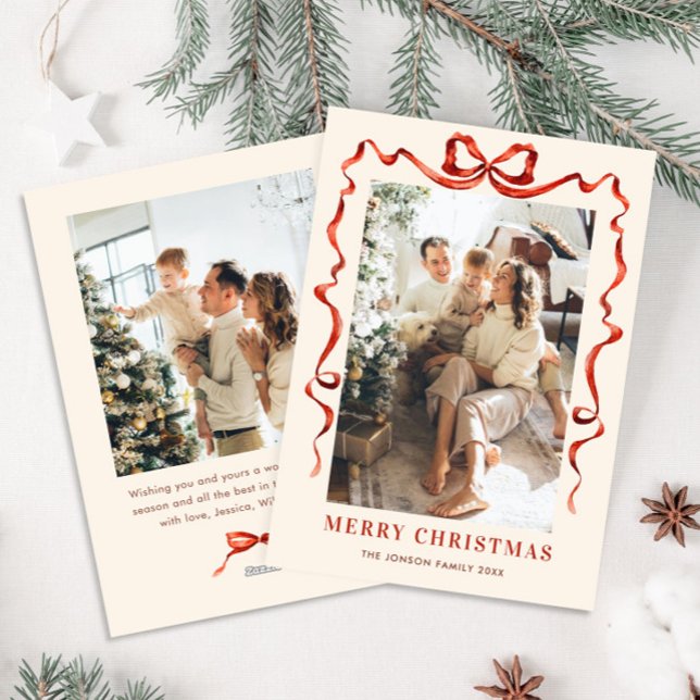 Festive Christmas Boho Red Bow Ribbon 2 Photo Holiday Card (Creator Uploaded)