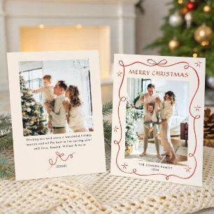 Festive Christmas Boho Red Bow Ribbon 2 Photo Holiday Card